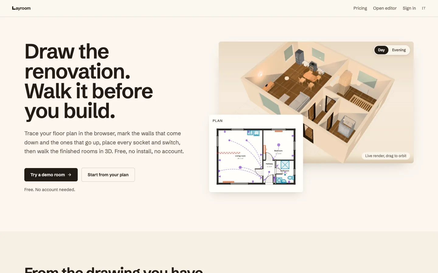 Layroom: a 2D floor plan turned into an interactive 3D room in the browser, with furniture placed in the space