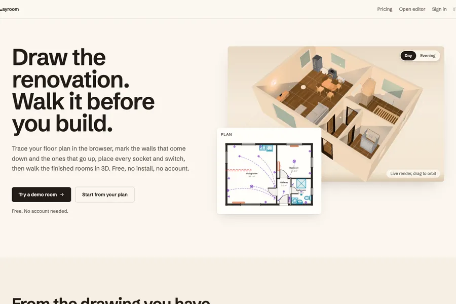 Layroom: a 2D floor plan turned into an interactive 3D room in the browser, with furniture placed in the space
