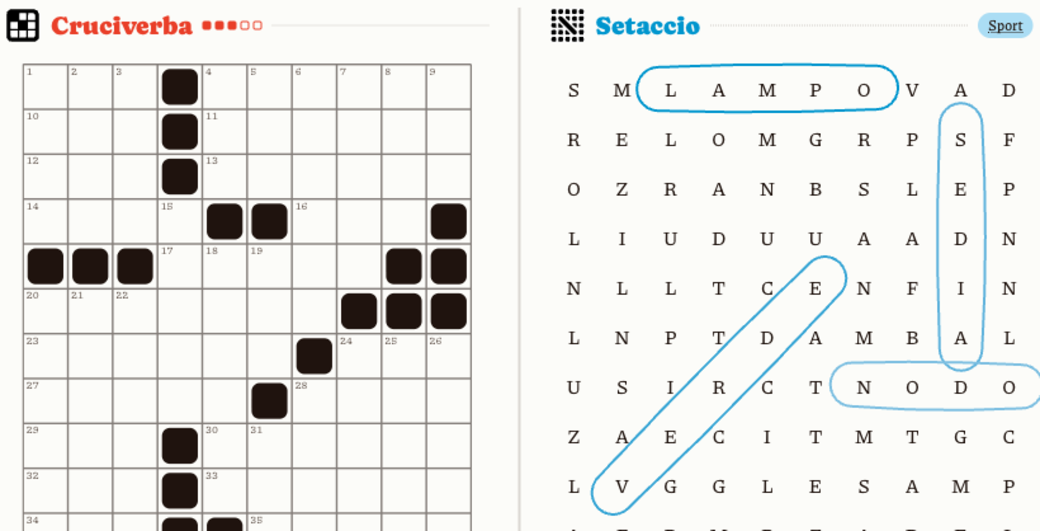 Cruciverba Lab: the day's front page with the crossword and word games on a warm editorial layout