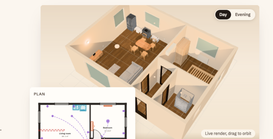 Layroom: a 2D floor plan turned into an interactive 3D room in the browser, with furniture placed in the space