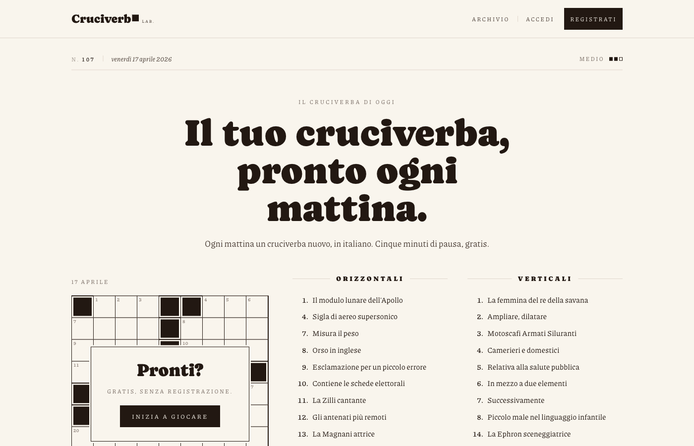 Cruciverba Lab: daily Italian crossword on a warm editorial layout, hand-typeset grid and clues
